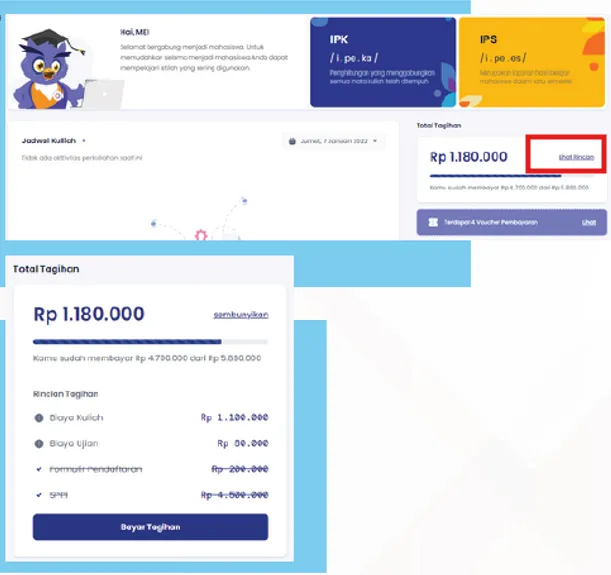 Tagihan kuliah pada dashboard SISKA